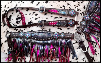 Showman Rainbow Inlay metallic with pink metallic accent one ear headstall and breast collar set #2